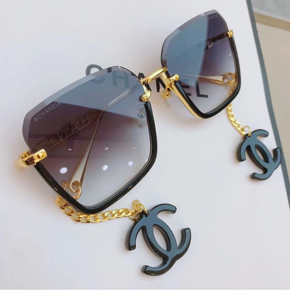 Chanel Square Sunglasses Gold Chain Black CC Charms Gradient Lens